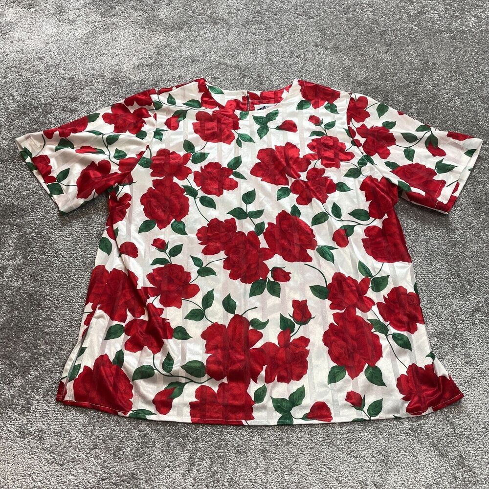Top Notch Blouse Shirt Womens 20W White Red Roses Floral Short Sleeve Vintage US